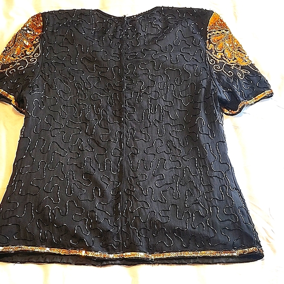 Black & Gold 100% Silk Bead & Sequin Top with Sweetheart Neck and Zipper Back - Picture 2 of 3